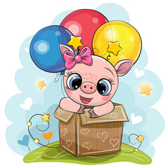 Cartoon Piggy girl in the box with balloons