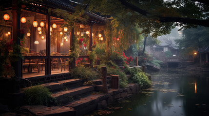 Serene Asian Waterfront Restaurant at Evening Time - obrazy, fototapety, plakaty