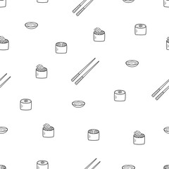 Seamless pattern Sushi and rolls set doodle style. Vector illustration of Japanese Asian cuisine, menu icons for restaurants.
