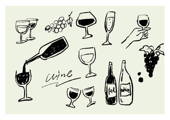 ブラシで描いた手書きのワインイラストセット