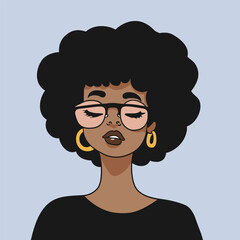 Young black woman portrait. Beautiful african american with curly hairs, sunglasses and golden earrings.