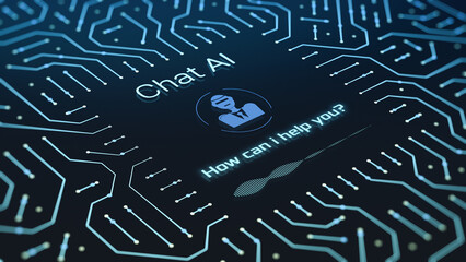 Futuristic AI chat interface with an electronic circuit, advanced AI technology, prompt for user interaction, conceptual illustration (3d render)