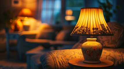Craft a visually appealing scene of a room enhanced by the warm glow of a lamp