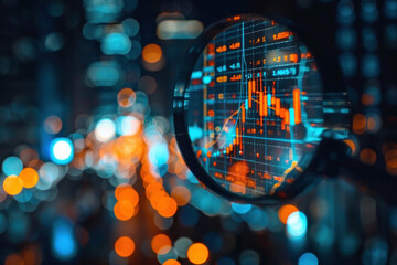 magnifying glass over a stock market graph. stock charts and data on a digital screen in the foreground with a golden glow light effect. business data with graphs and charts for finance management