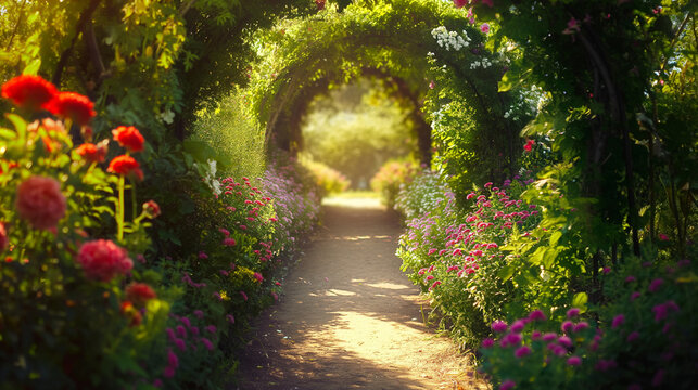 A stone path leads through an archway covered in pink flowers into a misty forest.

