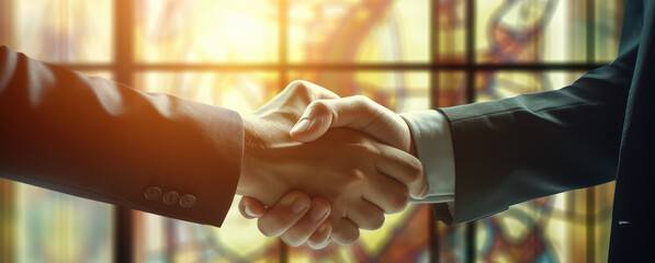 Successful Business Deal Handshake with Flare - obrazy, fototapety, plakaty