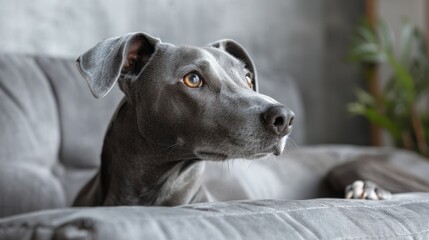 Craft a visually captivating scene featuring a grey dog against a neutral background