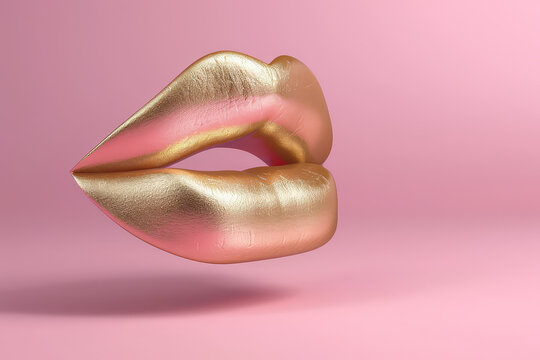 3d rendering of golden lips in pink background. Heart shape in artistic style. AI Generative.