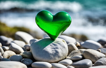 A green heart shaped stone lies on a river bed.
