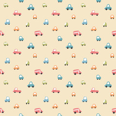Cute Cars Seamless Pattern, Childish Cartoon background, vector Illustration