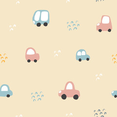 Cute Cars Seamless Pattern, Childish Cartoon background, vector Illustration