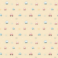 Cute Cars Seamless Pattern, Childish Cartoon background, vector Illustration