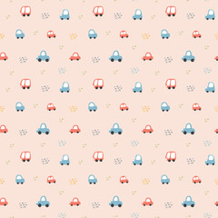 Cute Cars Seamless Pattern, Childish Cartoon background, vector Illustration