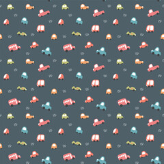 Cute Cars Seamless Pattern, Childish Cartoon background, vector Illustration