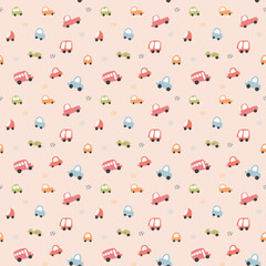 Cute Cars Seamless Pattern, Childish Cartoon background, vector Illustration
