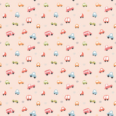 Cute Cars Seamless Pattern, Childish Cartoon background, vector Illustration