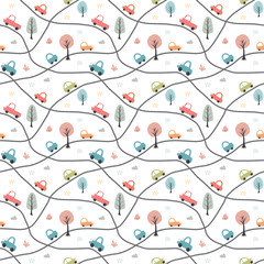 Cute Cars Seamless Pattern, Childish Cartoon background, vector Illustration