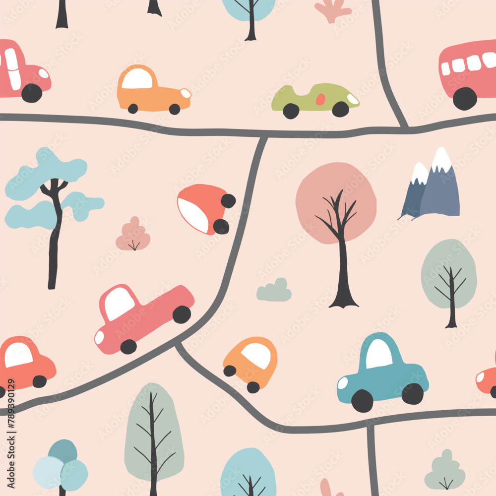 Wall mural cute cars seamless pattern, childish cartoon background, vector illustration