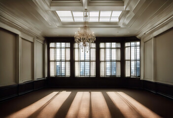 Fototapeta premium room Empty architecture attic bedchamber ceiling clean contemporary copy estate home house indoor inside interior light modern molding nobody real space trim view window