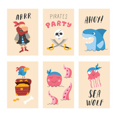 Cute Pirate cards set. Cartoon sea adventures cards collection. Vector illustration