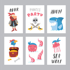Fototapeta premium Cute Pirate cards set. Cartoon sea adventures cards collection. Vector illustration