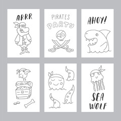 Cute Pirate cards set. Cartoon sea adventures cards collection. Vector illustration