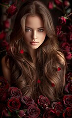 A woman with long brown hair is surrounded by red roses