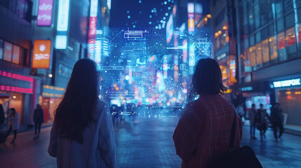 Naklejka premium Blurry diverse business people working together in night city with double exposure of blurry virtual interface. Concept of teamwork and technology. Toned image.