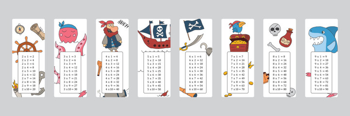 Multiplication table with cute Pirates items, Cartoon Pirate elements bookmarks collection. Vector illustration - obrazy, fototapety, plakaty