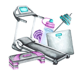 Gym watercolor illustration. Sport equipment. Fitness and sports. Treadmill, step, barbell, dumbbell, scales, sports bottle. Illustrations isolated. For printing on cards, stickers, posters