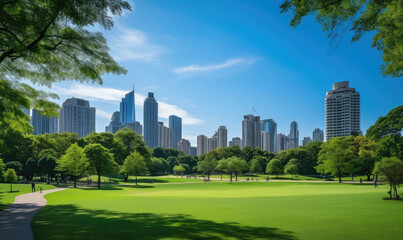 Obraz premium Serene Urban Park Amidst Bustling Cityscape