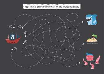 Labyrinth, Maze game for children. Logical puzzle for kids. Quest to find the right path for a Pirate Ship to treasure island. Vector illustration A4 - ready to print format