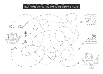 Labyrinth, Maze game for children. Logical puzzle for kids. Quest to find the right path for a Pirate Ship to treasure island. Vector illustration A4 - ready to print format