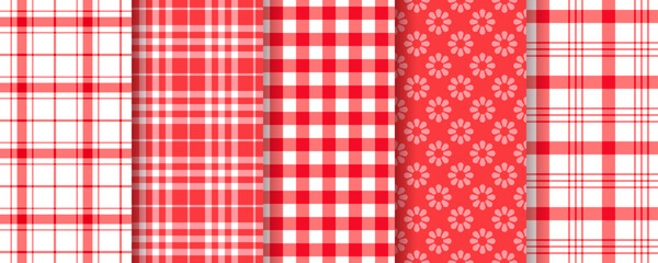 Cloth seamless pattern. Checkered background. Gingham plaid red texture. Retro picnic kitchen backdrop. Vichy table textile. Geometric tablecloth design. Set buffalo tartan prints. Vector illustration