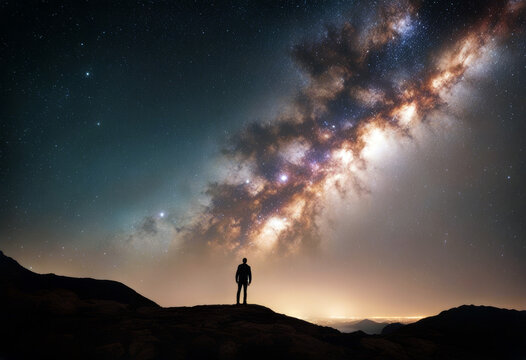 milky standing universe way milky night exposure high landscape man place landscape long way composite people silhouette man cosmic photography standing photo time wonder looking galax