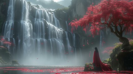 A woman in a red cloak stands in front of a waterfall