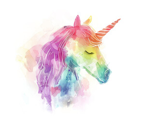 Ai Generated Art Watercolor Abstract Portrait of a Unicorn against White Background in Pastel Pink...