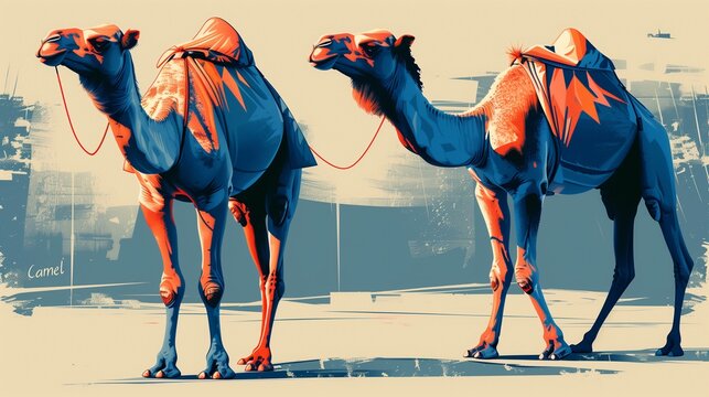 Two camels standing in a desert landscape