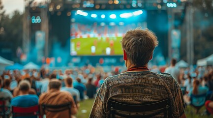 Football Enthusiasm: Man Sitting in Front of Crowd Watching Big Screen in Park