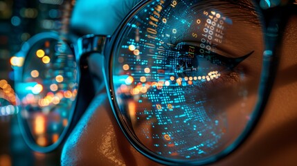 Person immersed in a futuristic virtual reality experience with a glass of numbers.