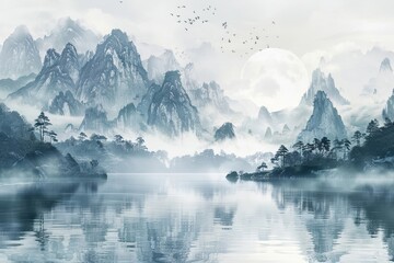 Chinese ink and water landscape painting is a traditional art form that captures the beauty of nature. - obrazy, fototapety, plakaty