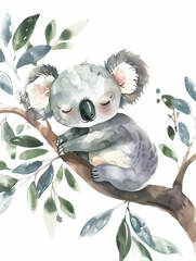 Ai Generated Art Watercolor Painting Of Baby Koala Sleeping On an Eucaliptus Tree in Pastel Grey...