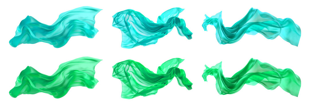 2 Collection set of turquoise blue green long silk satin cloth fabric floating flying in the air on transparent background cutout, PNG file. Mockup template for artwork graphic design