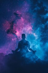 Fototapeta na wymiar A man meditates in a yoga lotus position, his soul connected to the universe as he reclines against a backdrop of a nebula galaxy, embodying mindful spirituality.