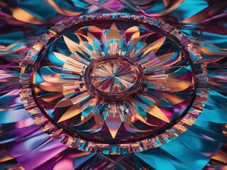A holographic carousel of abstract shapes spinning in a kaleidoscopic display of colors.