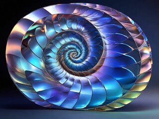 Create a holographic representation of the Fibonacci spiral, spiraling endlessly with holographic elements arranged along its curve.
