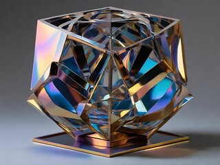 A 3D holographic sculpture composed of interlocking geometric shapes, with a metallic sheen.
