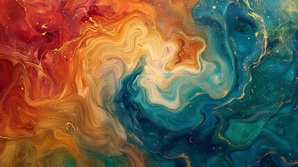 Vibrant swirls of watercolor embracing golden glimmers, a symphony of fluidity and radiance. 