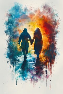 Illustration of individuals walking hand in hand with Lord Jesus. Rendered in a digital watercolor style.