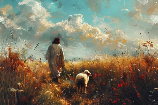 Painting of Jesus Christ strolling with a sheep in the field digitally.